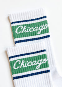 Chicago Script Triple Stripe Long Crew Sock - Green & Navy