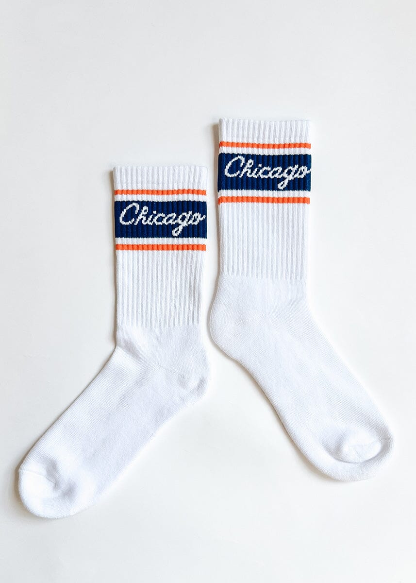 Chicago Script Triple Stripe Long Crew Sock - Navy & Orange