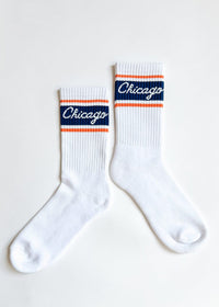 Chicago Script Triple Stripe Long Crew Sock - Navy & Orange