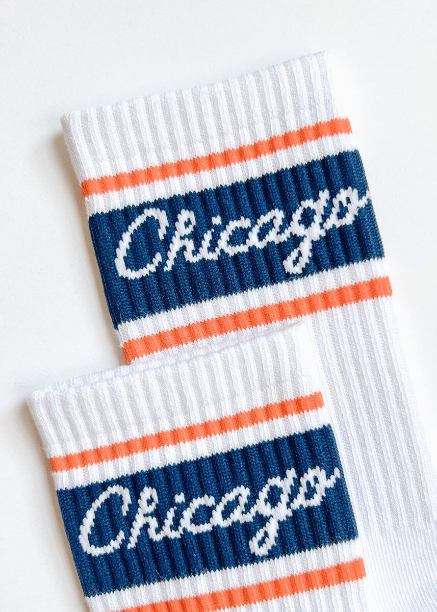 Chicago Script Triple Stripe Long Crew Sock - Navy & Orange
