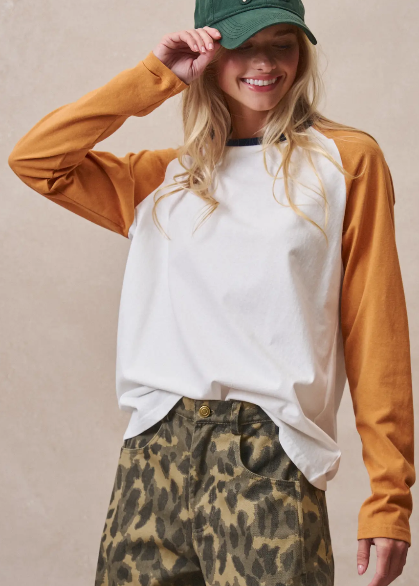 Classic Color Block Raglan Long Sleeve Tee - Orange