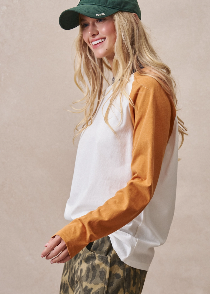 Classic Color Block Raglan Long Sleeve Tee - Orange