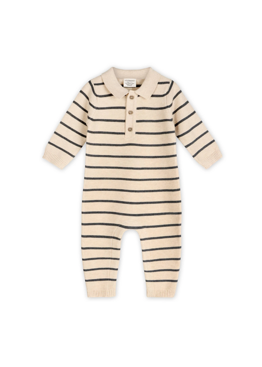 Collared Stripe Knit Jumpsuit - Oatmeal