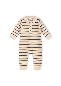 Collared Stripe Knit Jumpsuit - Oatmeal