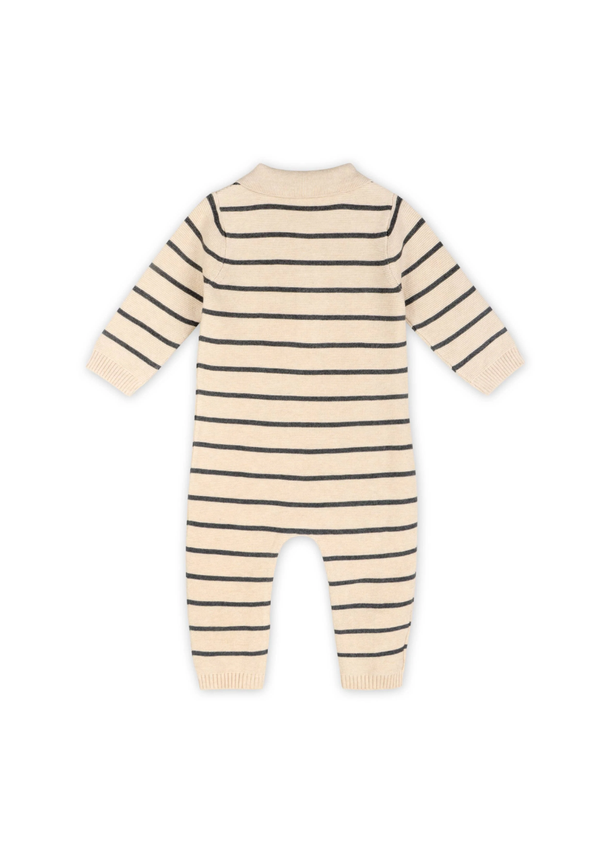Collared Stripe Knit Jumpsuit - Oatmeal
