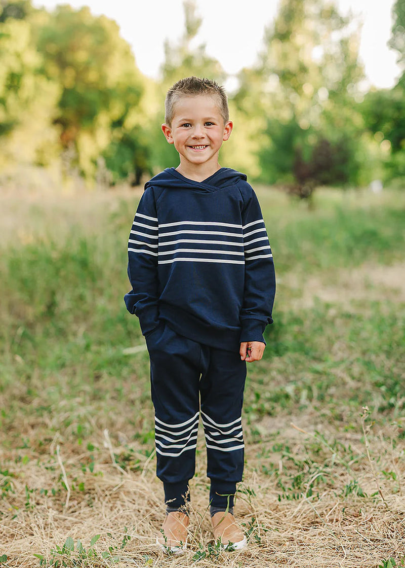Hooded French Terry Set - Navy Stripes