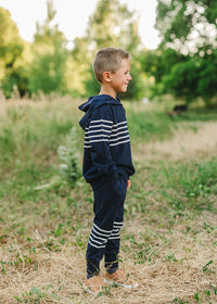Hooded French Terry Set - Navy Stripes