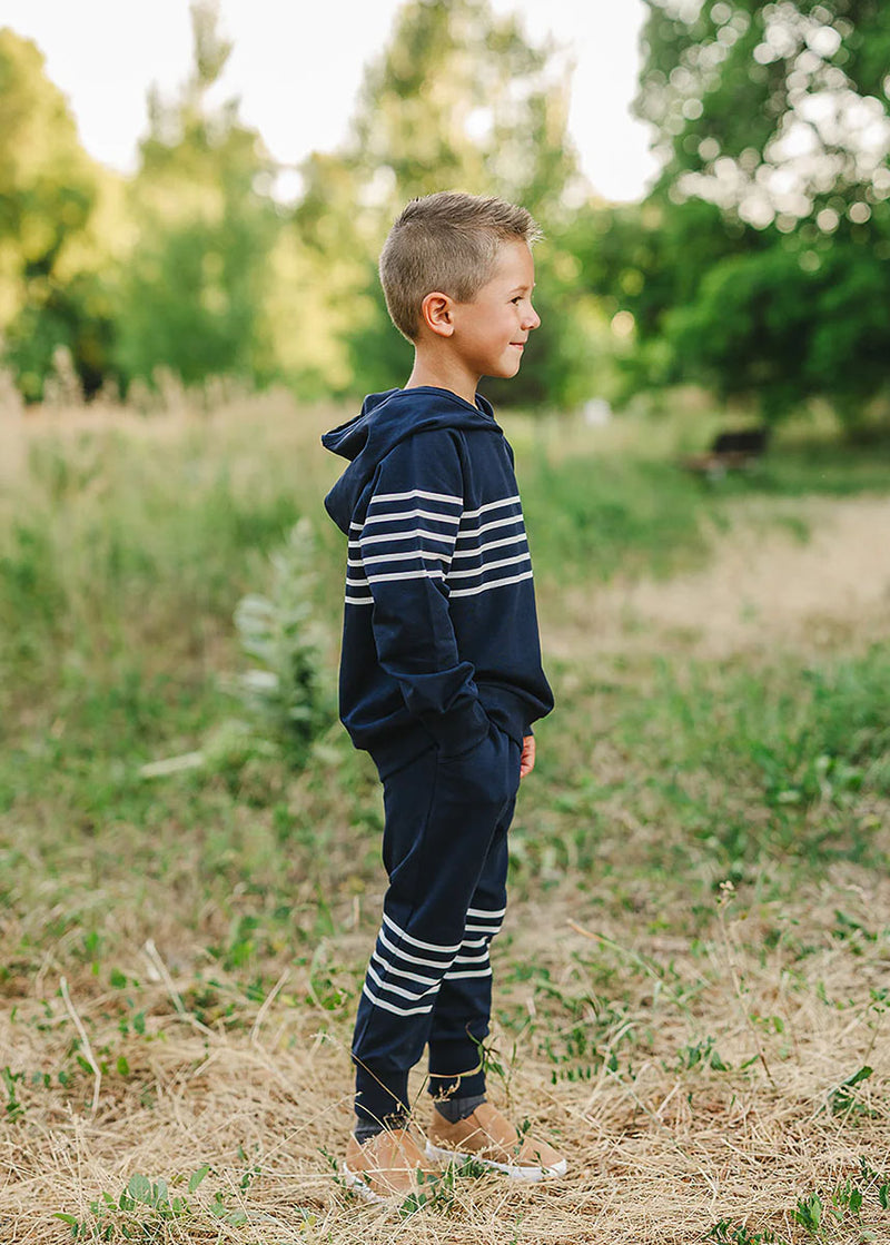 Hooded French Terry Set - Navy Stripes
