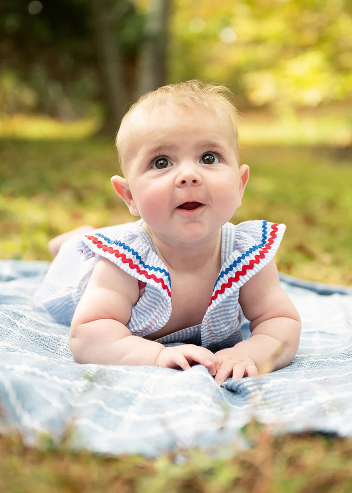 Flutter Sleeve Romper - Seersucker Stripe