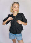 Sienna Peplum Puff Sleeve Ruffle Tie Top - Black