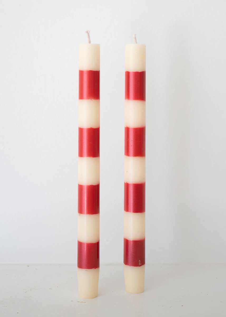 Striped Taper Candles - Ruby & Cream