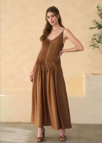 Elena V-Neck Pleated Maxi Dress - Chocolate
