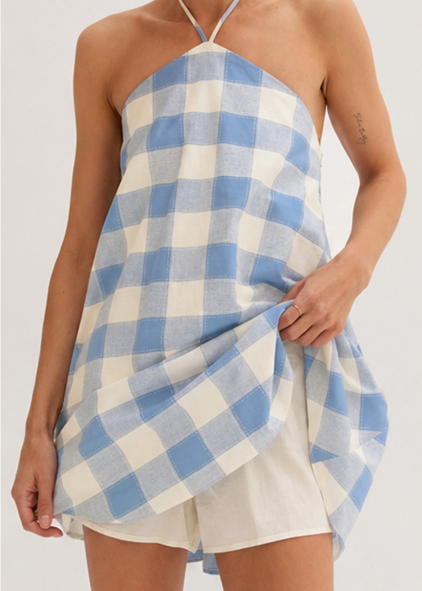Flora Gingham Halter Romper Dress - Navy