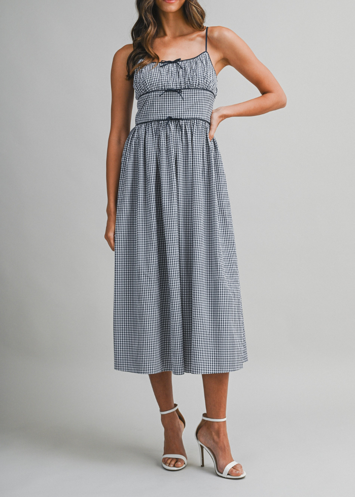 Gabrielle Gingham Ruched Midi Dress - Navy