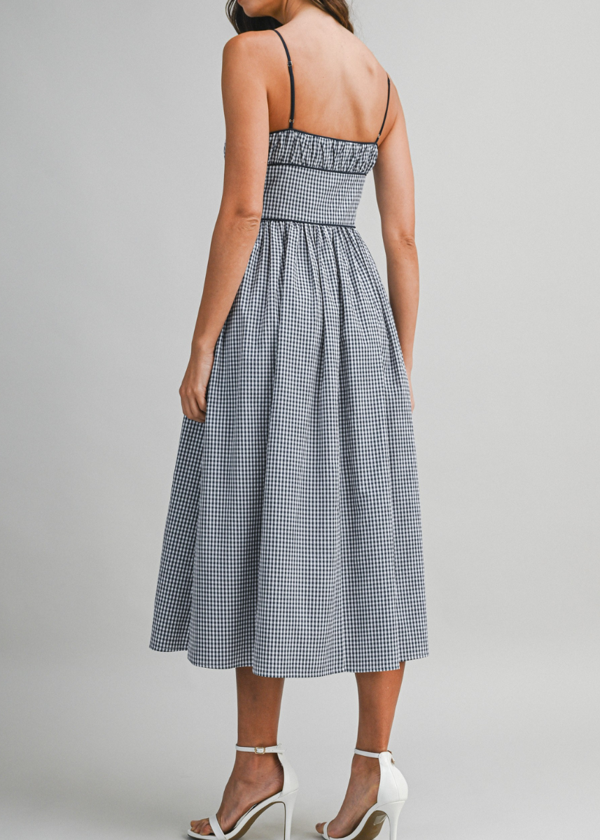 Gabrielle Gingham Ruched Midi Dress - Navy
