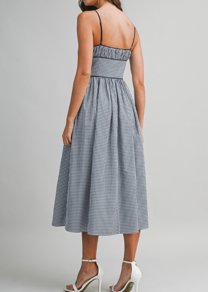 Gabrielle Gingham Ruched Midi Dress - Navy
