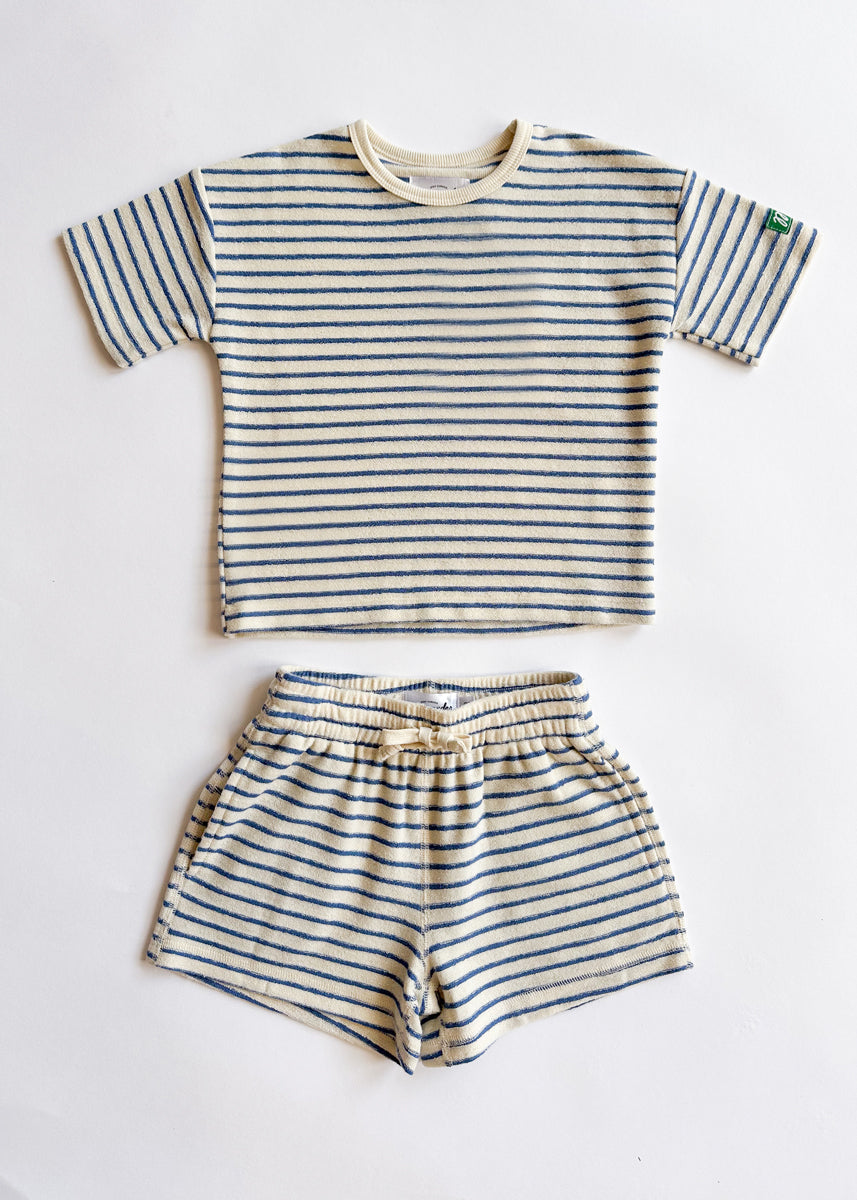 French Terry Striped Oversized Set - Ivory & Blue