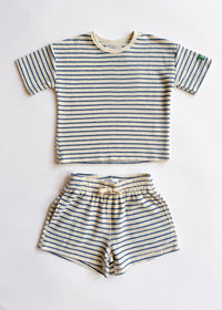 French Terry Striped Oversized Set - Ivory & Blue