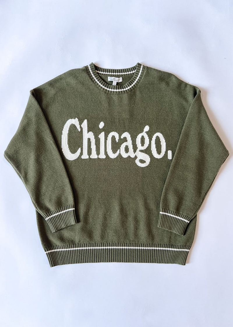 Chicago Oversized Stripe Cuff Sweater - Olive/Cream