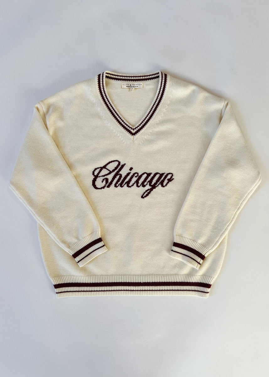 Chicago Collegiate V-Neck Sweater - Cream/Maroon