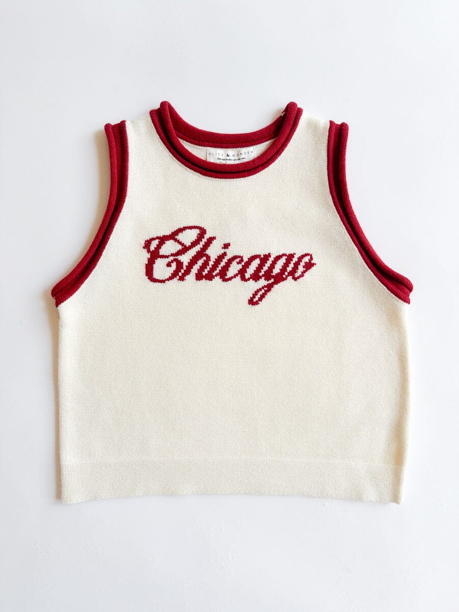 Chicago Script Ringer Sweater Vest - Ivory Red Combo
