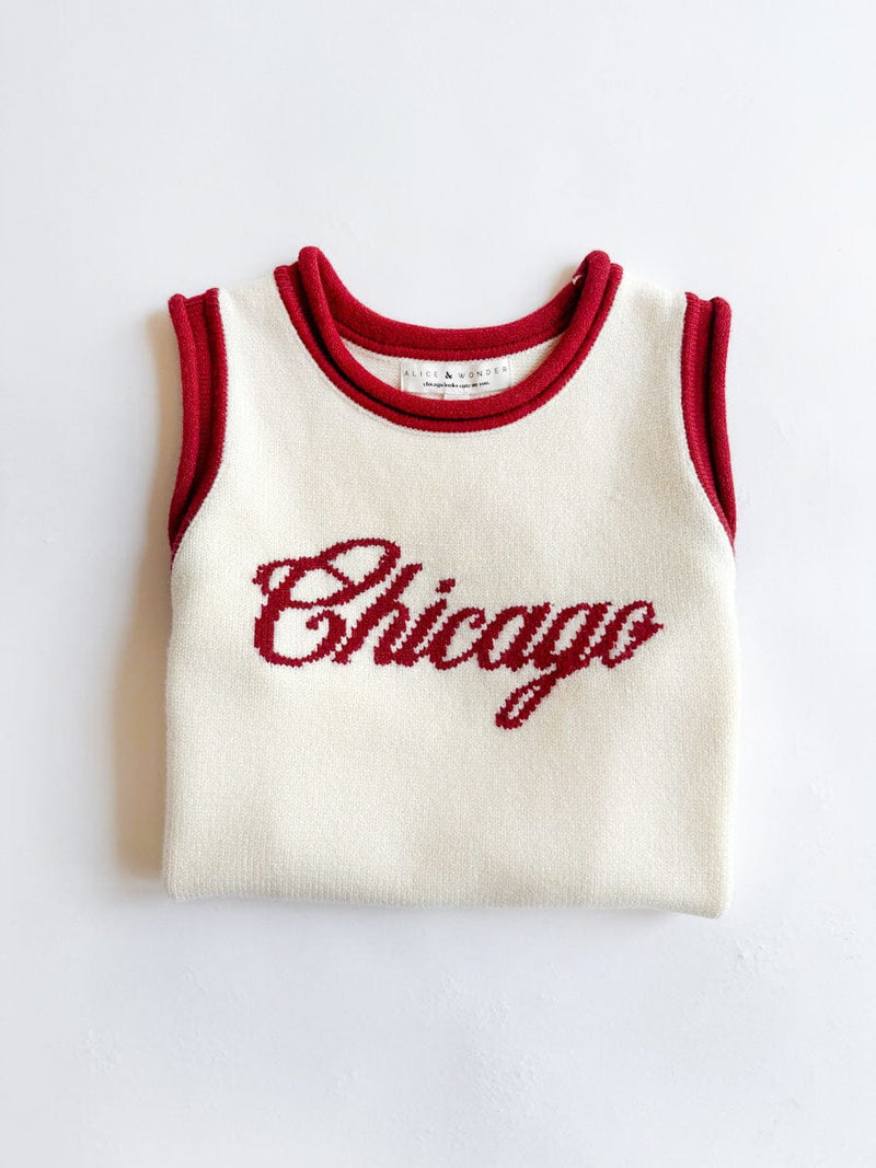Chicago Script Ringer Sweater Vest - Ivory Red Combo