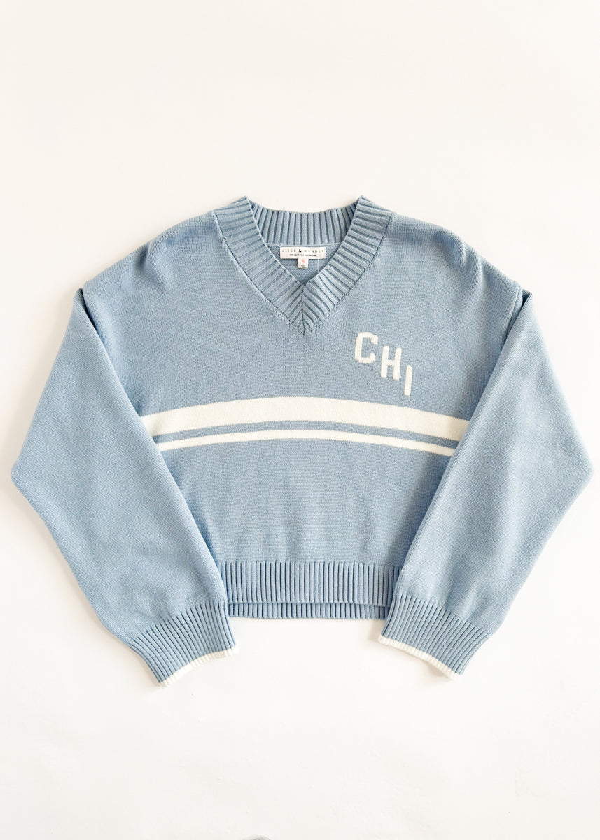 Chi Striped V-Neck Crop Sweater - Light Blue