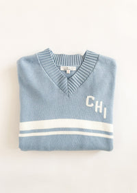 Chi Striped V-Neck Crop Sweater - Light Blue