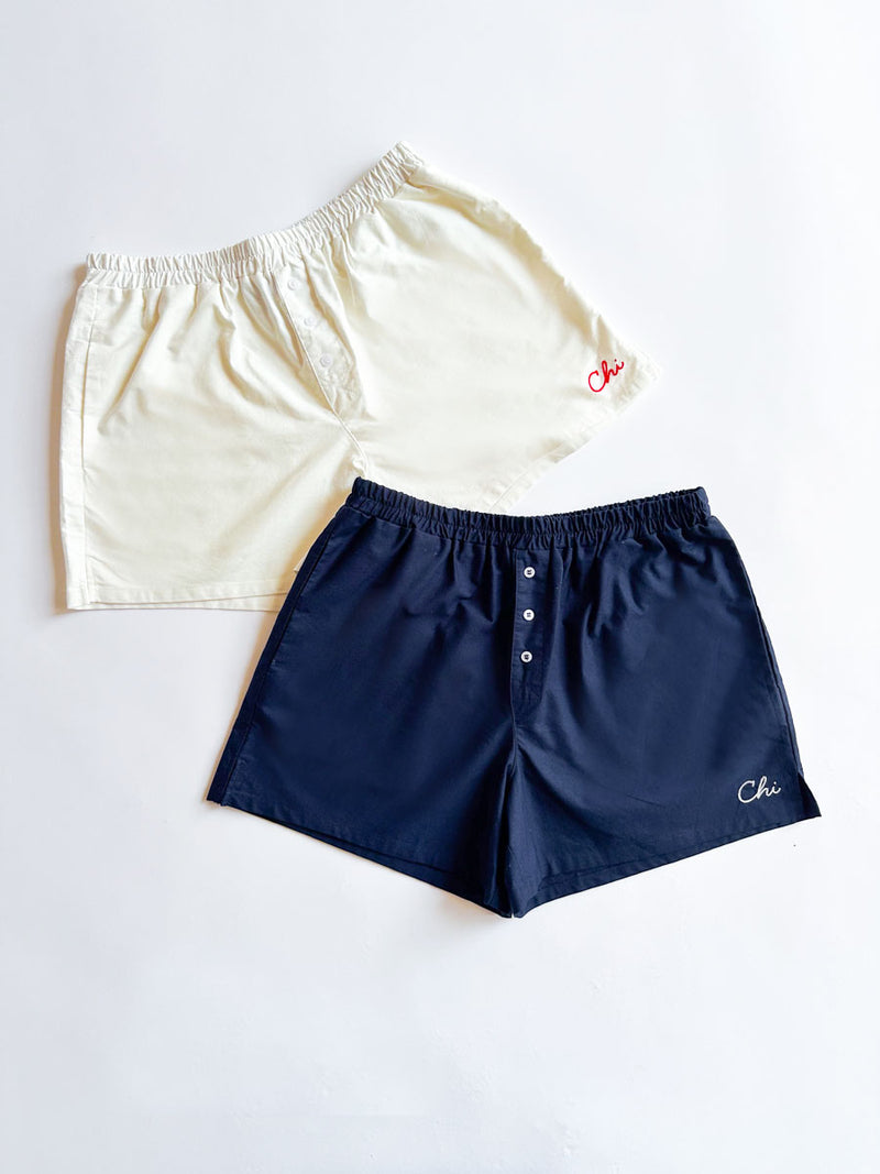 Chi Embroidered Boxer Short - Navy & White