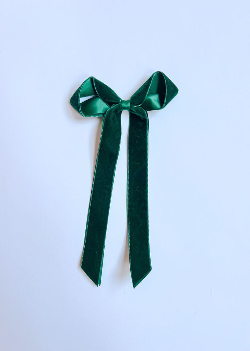 Long Velvet & Satin Bow Clip - Forest