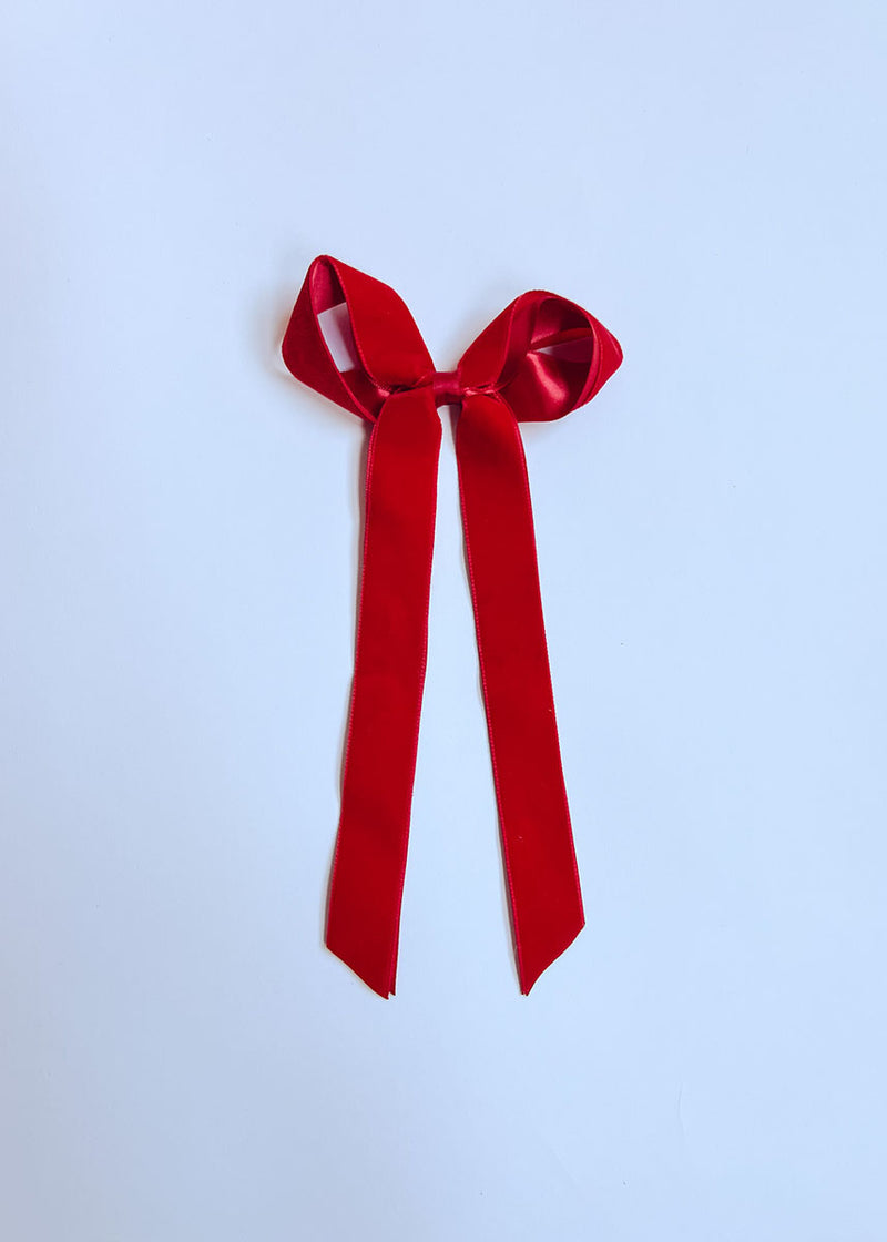 Long Velvet & Satin Bow Clip - Red