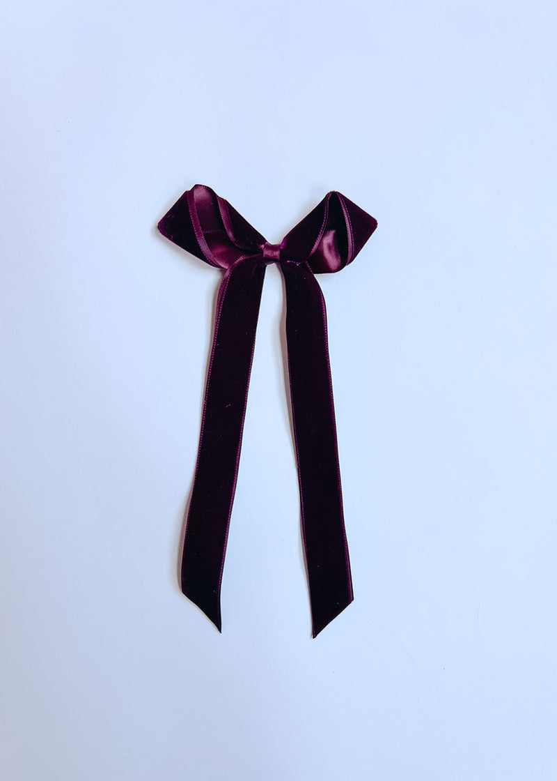 Long Velvet & Satin Bow Clip - Burgundy