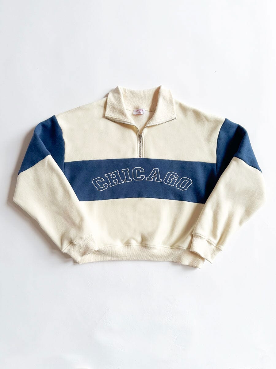 Chicago Color Blocked Quarter Zip Sweatshirt - Ivory & Blue