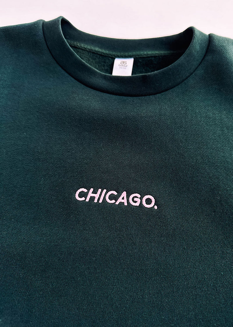 Chicago. Embroidered Crewneck - Pine & Pink