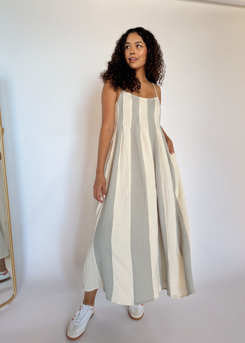 Zabina Striped Midi Dress - Cream & Blue