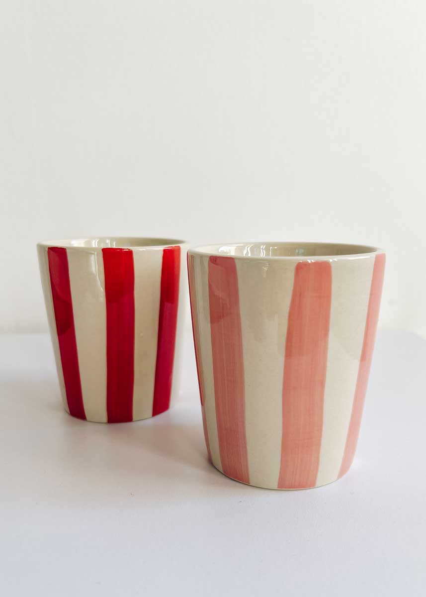 Striped Stoneware Cup - Candy Apple Red