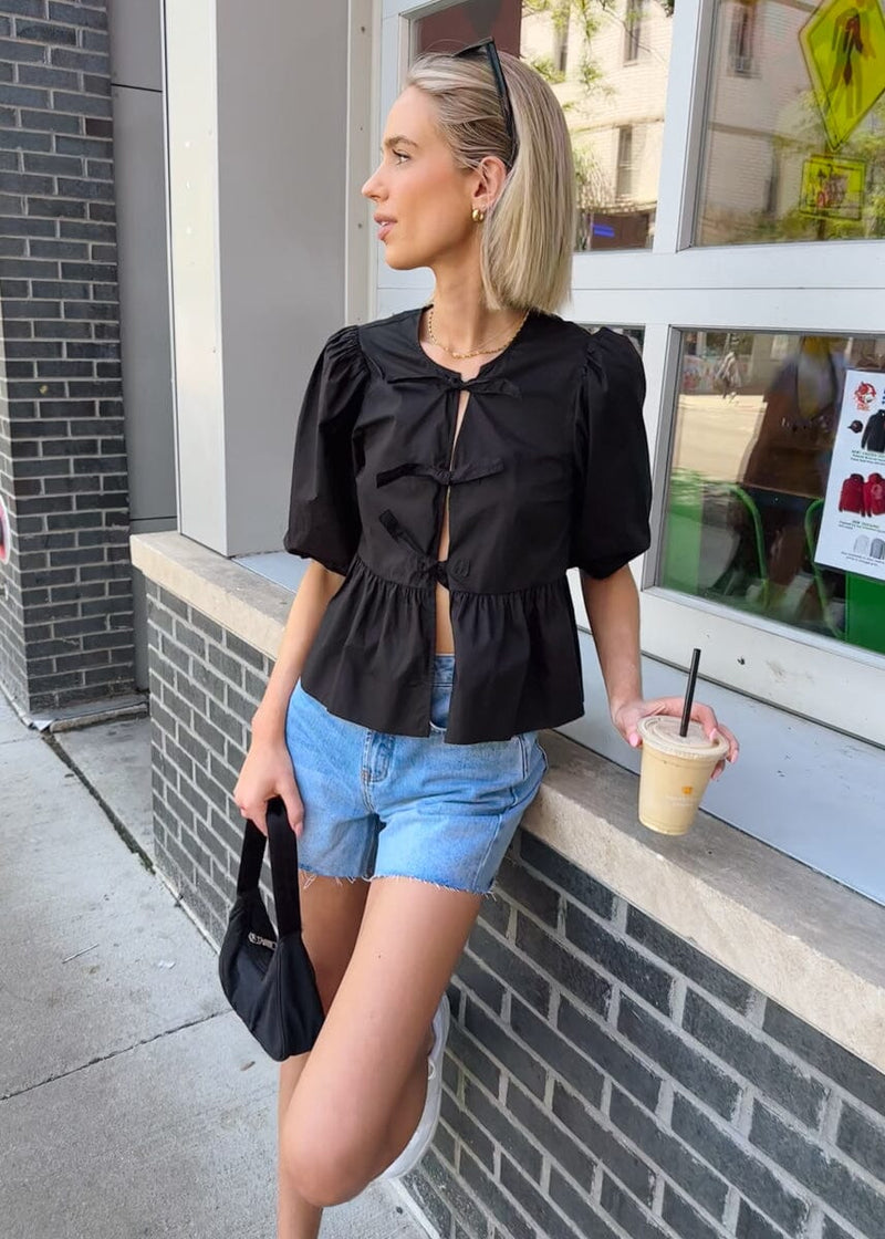 Sienna Peplum Puff Sleeve Ruffle Tie Top - Black