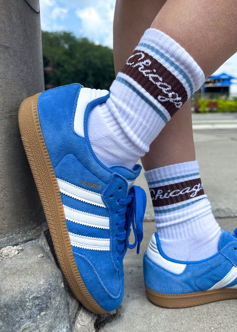 Chicago Script Triple Stripe Long Crew Sock - Espresso & Blue