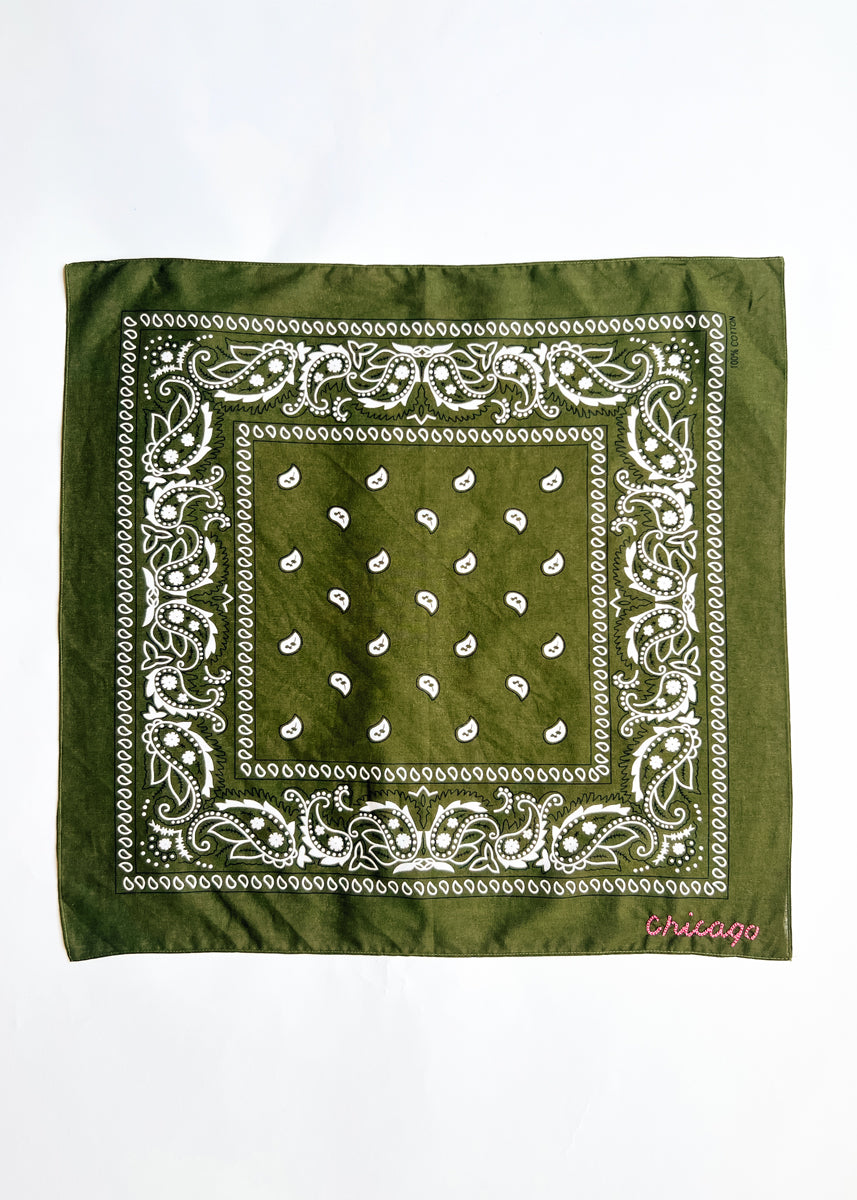 Chicago Stitch Embroidered Bandana - Olive