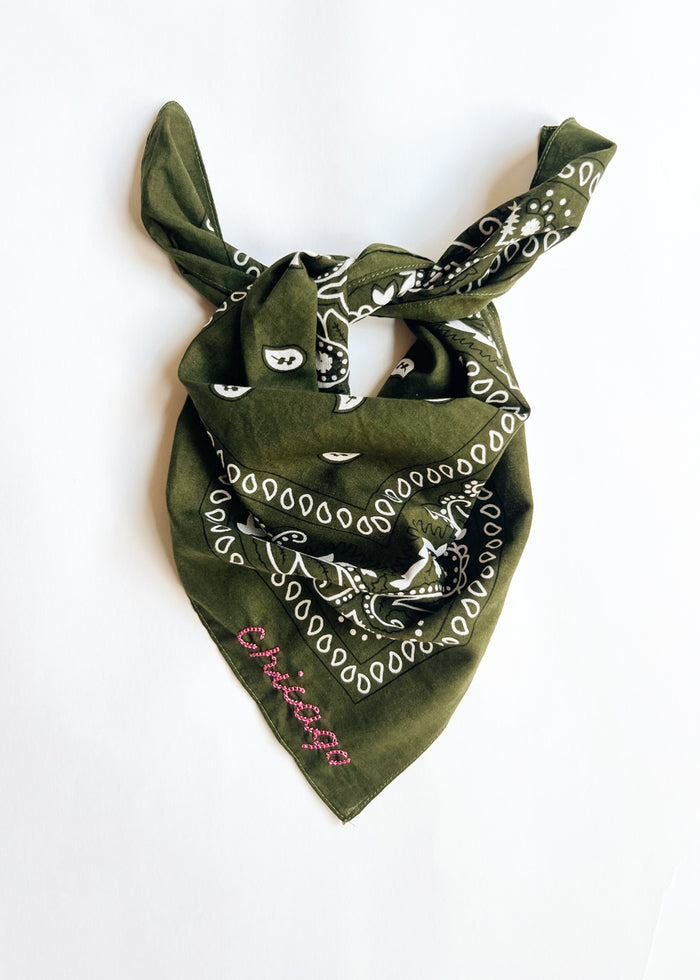 Chicago Stitch Embroidered Bandana - Olive