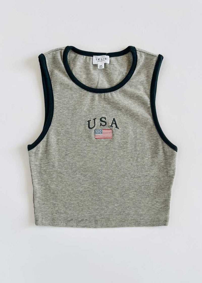 USA Rib Crop Tank Top - Heather Grey