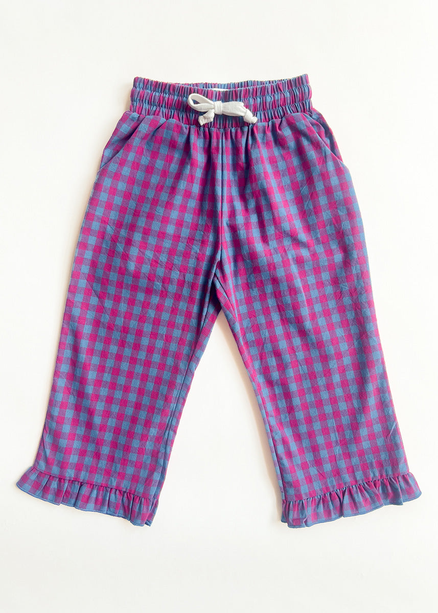 Gingham Ruffle Hem Pant - Pink & Blue