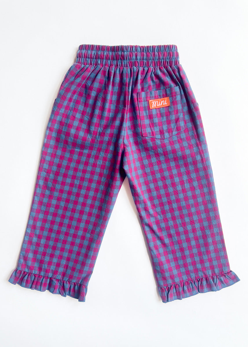 Gingham Ruffle Hem Pant - Pink & Blue