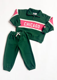 Chicago Quarter Zip Sweat Set - Green & Pink