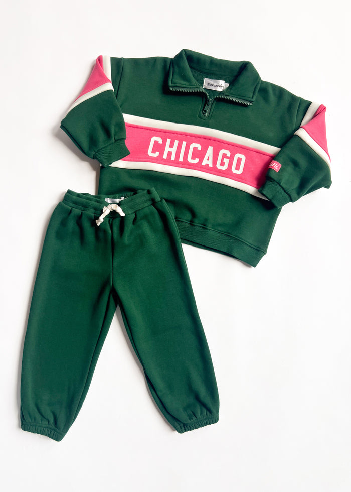 Chicago Quarter Zip Sweat Set - Green & Pink