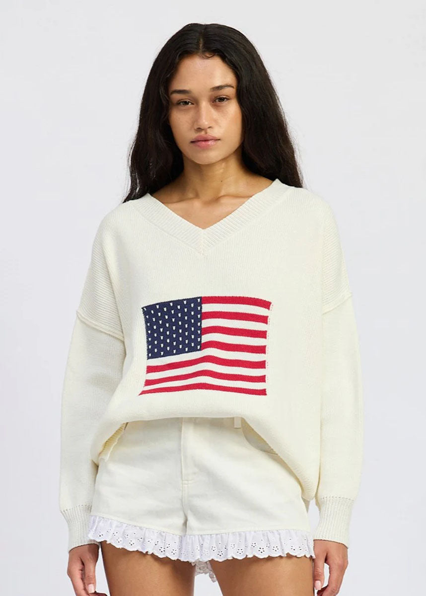 Coco V-Neck Flag Sweater - White, Red & Navy
