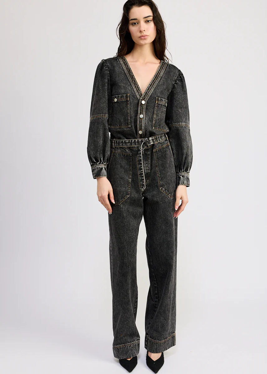 Nia Puff Sleeve Denim Jumpsuit - Grey