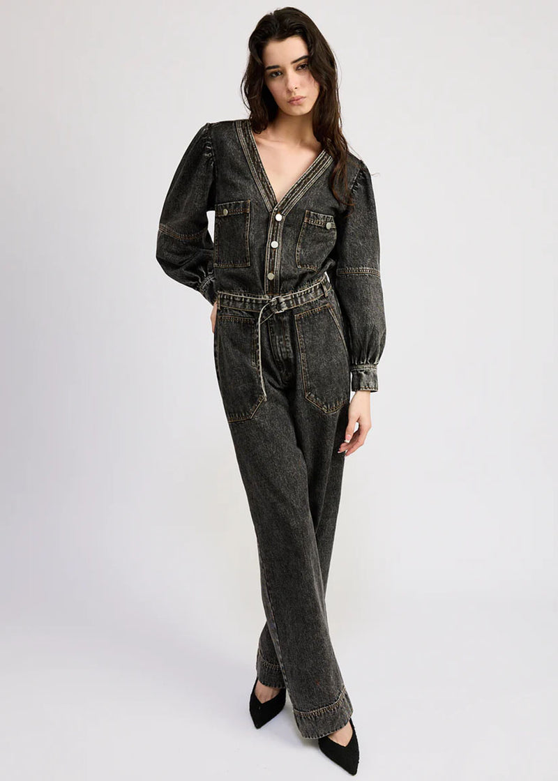 Nia Puff Sleeve Denim Jumpsuit - Grey