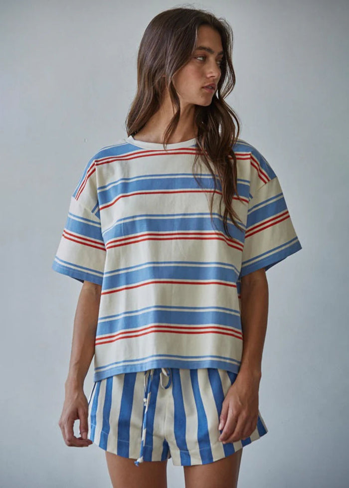 Cassius Striped Tee - Cream Blue