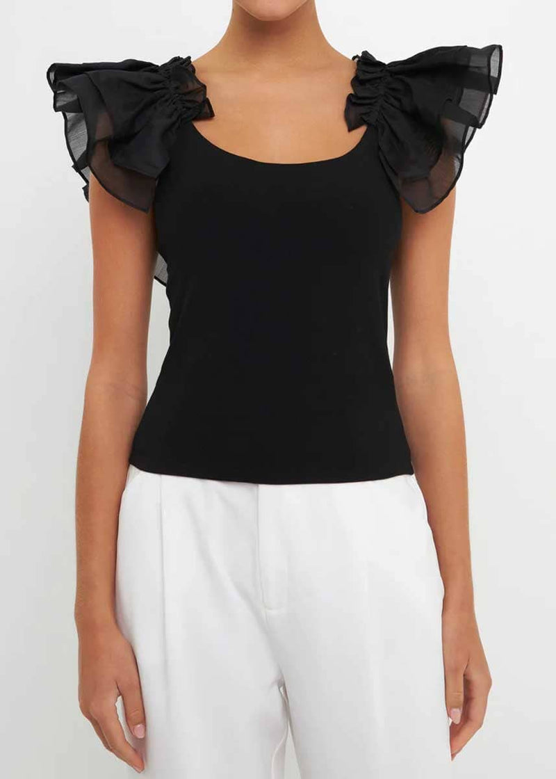 Organza Ruffle With Knit Top - Black